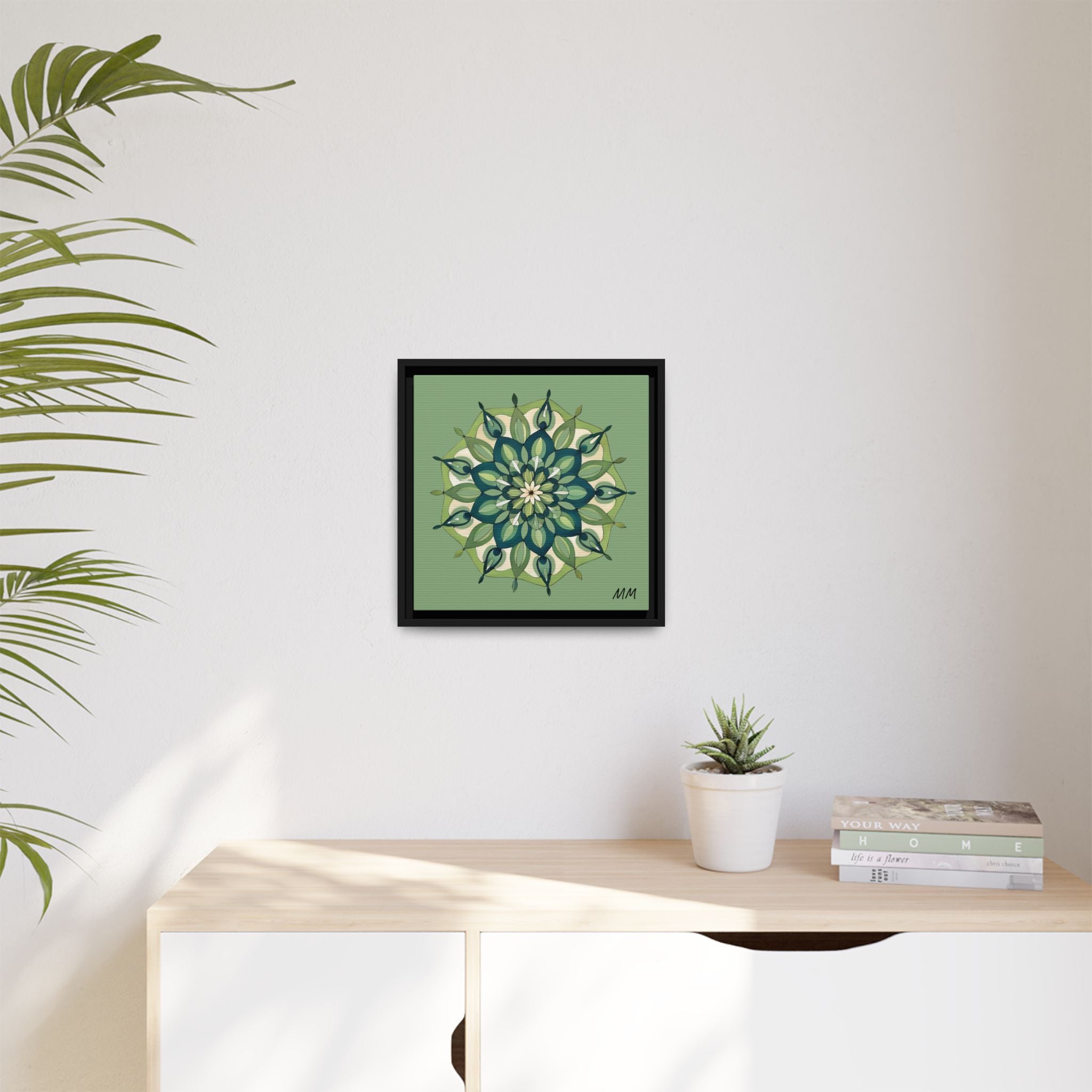 Evie Green Floral Mandala Matte Canvas Framed Wall Art