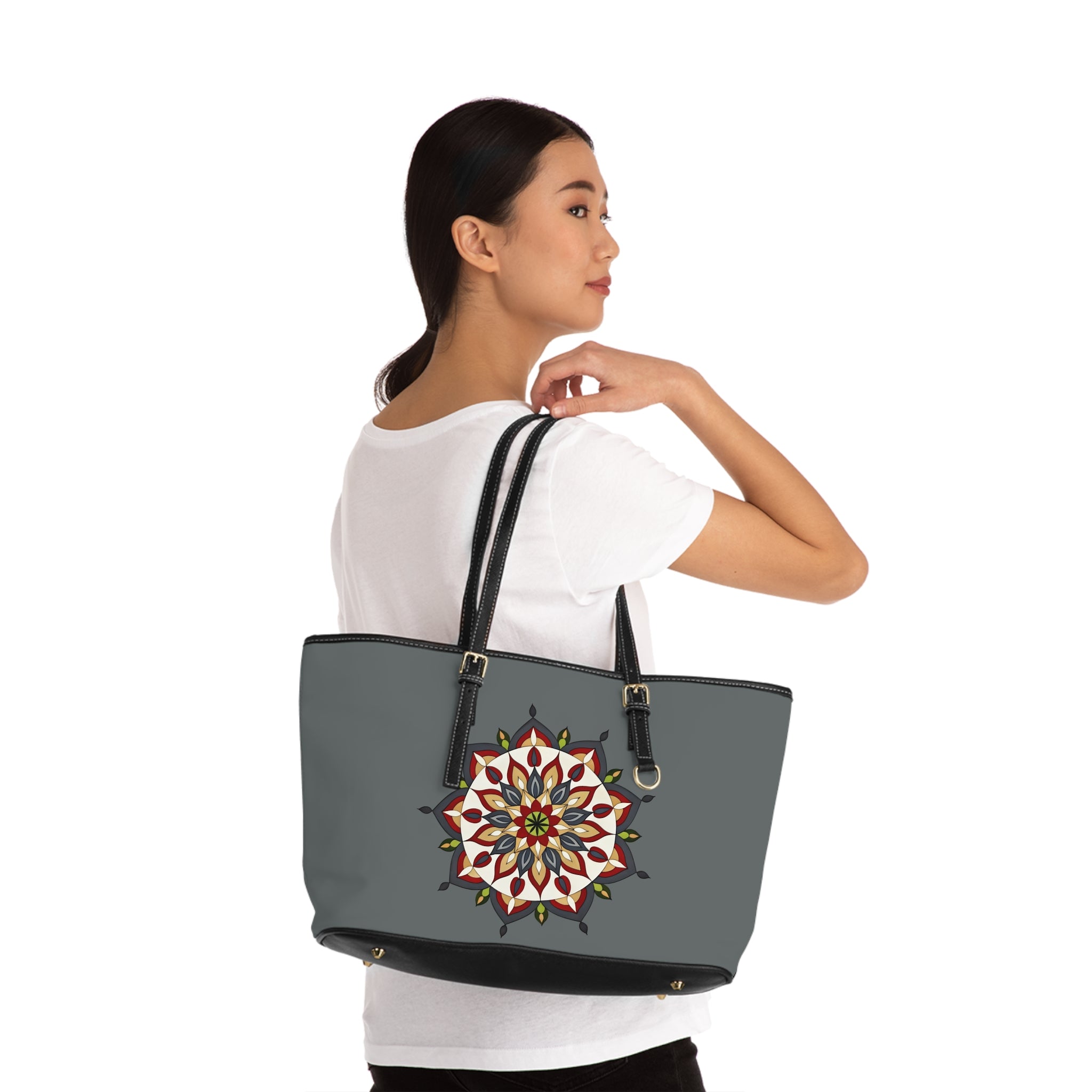 Ana Mandala Art PU Leather Shoulder Bag — Boho Mandala Tote, Grey Floral Geometric Design by Infinite Hue