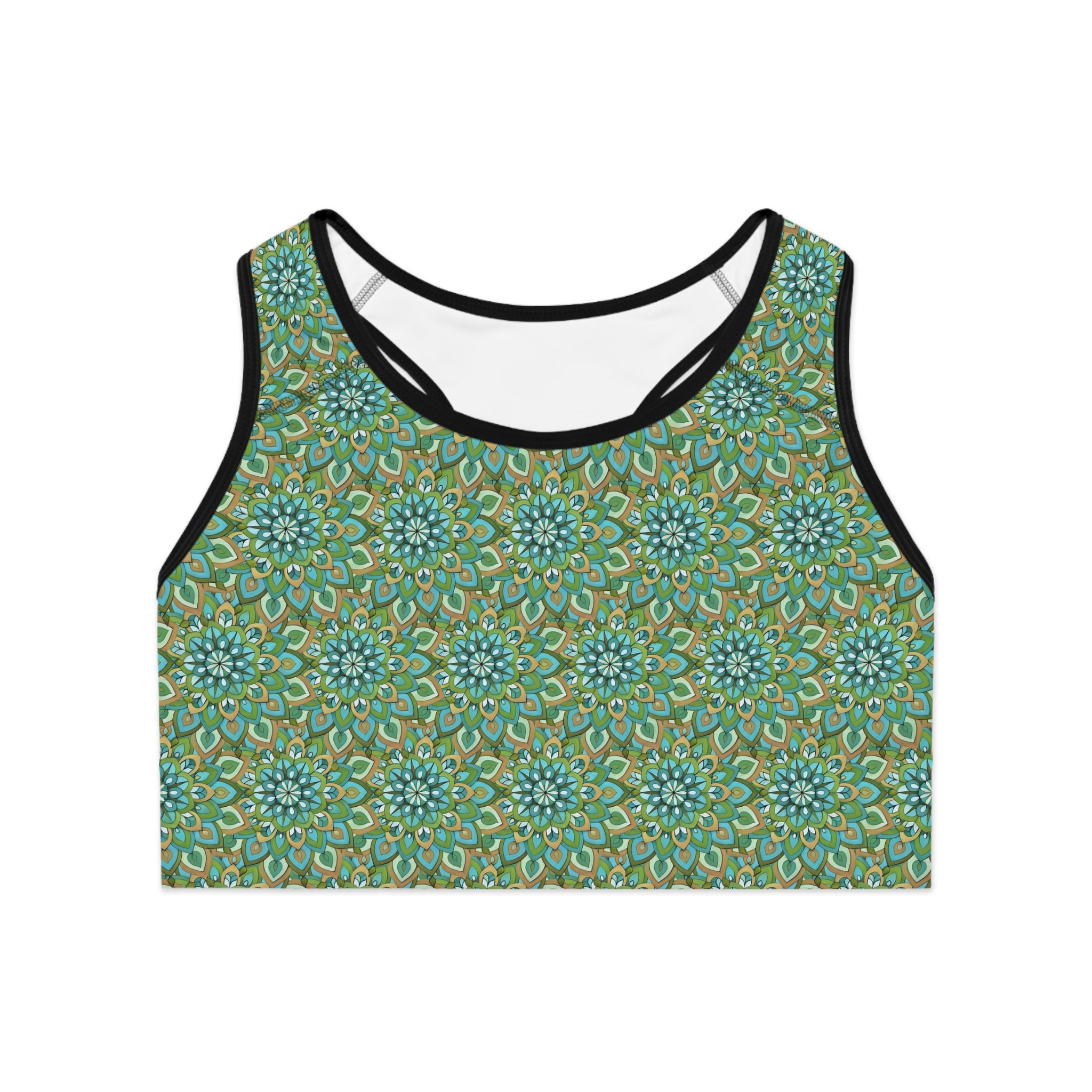Mary Mandala Floral Sports Bra — Green Teal All-Over Print