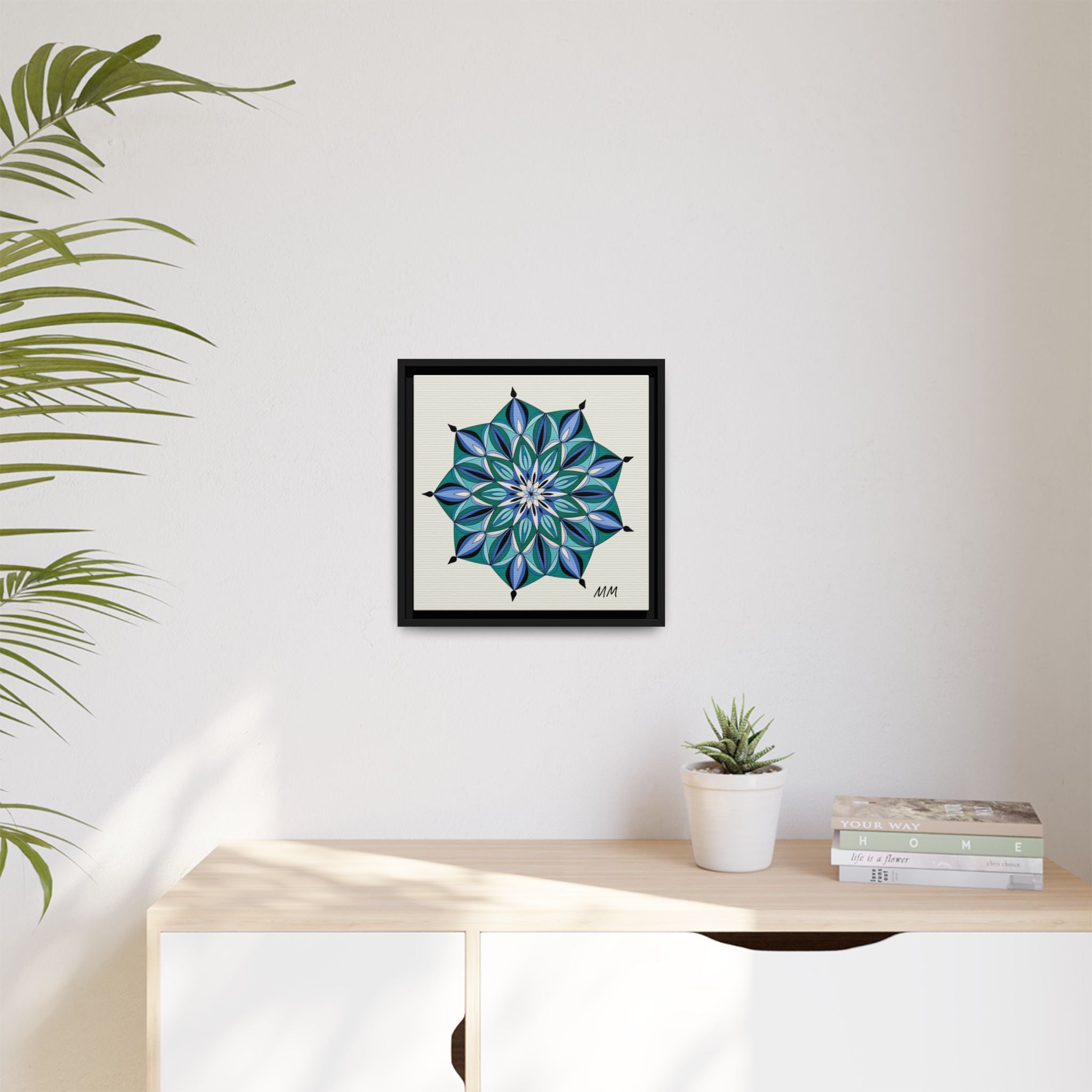 Arabella Blue Green Mandala Framed Canvas Print — Modern Geometric Wall Art