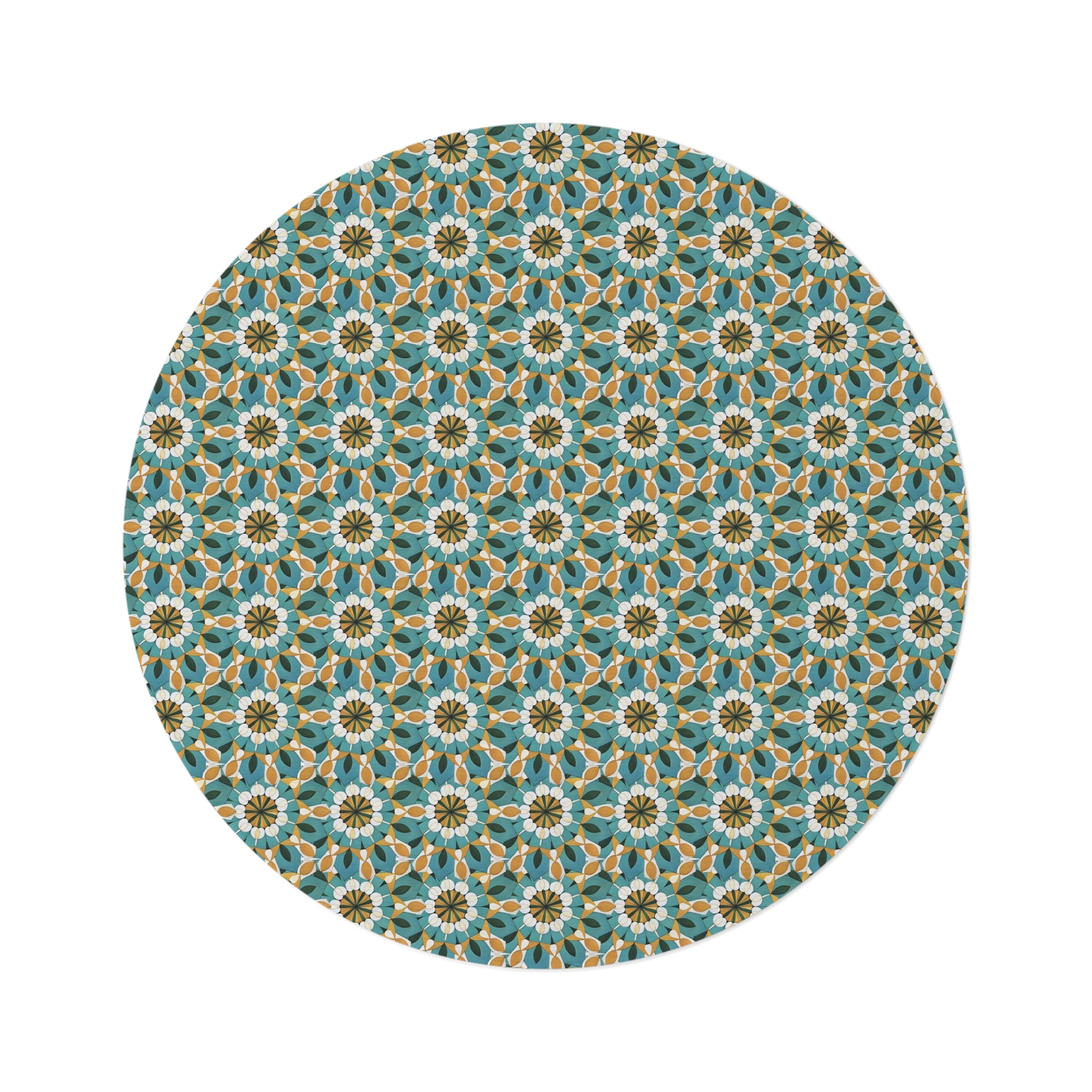 Daphne Mandala Boho Floral Mosaic Round Rug — Teal & Gold Decorative Accent