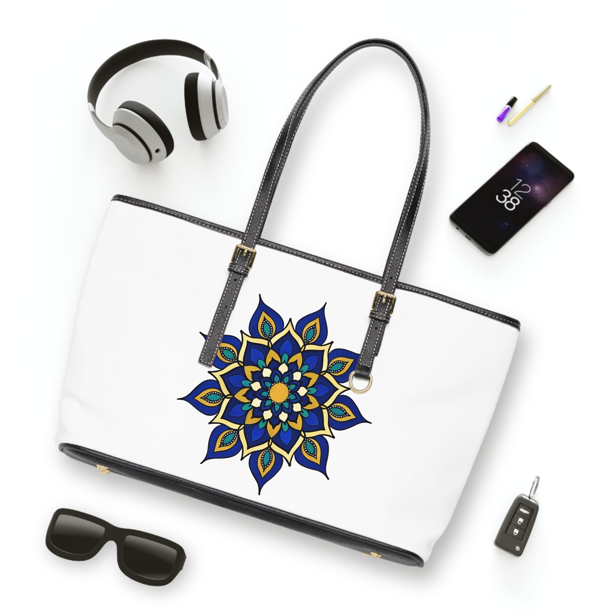 Astrid Purple Mandala Tote Bag — PU Leather Shoulder Tote with Colorful Floral Medallion