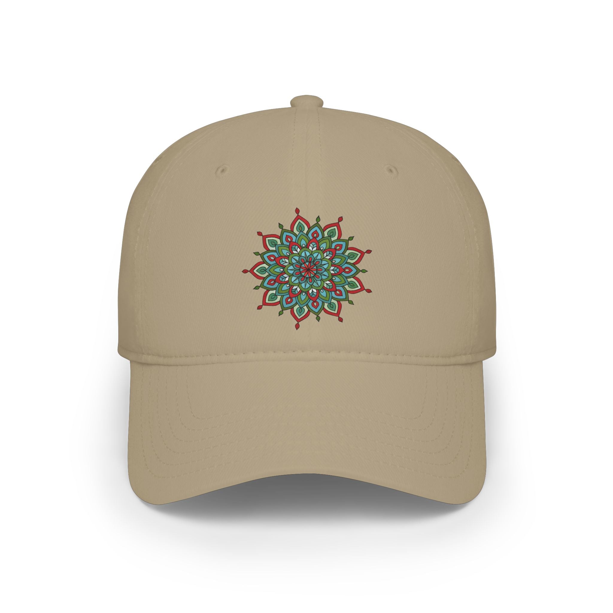 Khloe Mandala Art Floral Mandala Embroidered Baseball Cap — Green Red Lotus Design