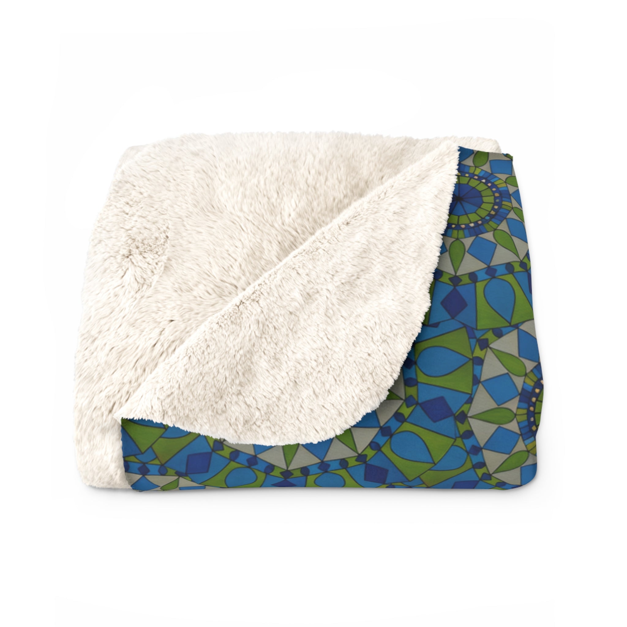 Colton Mandala Sherpa Fleece Blanket — Blue Green Geometric Mandala Cozy Throw