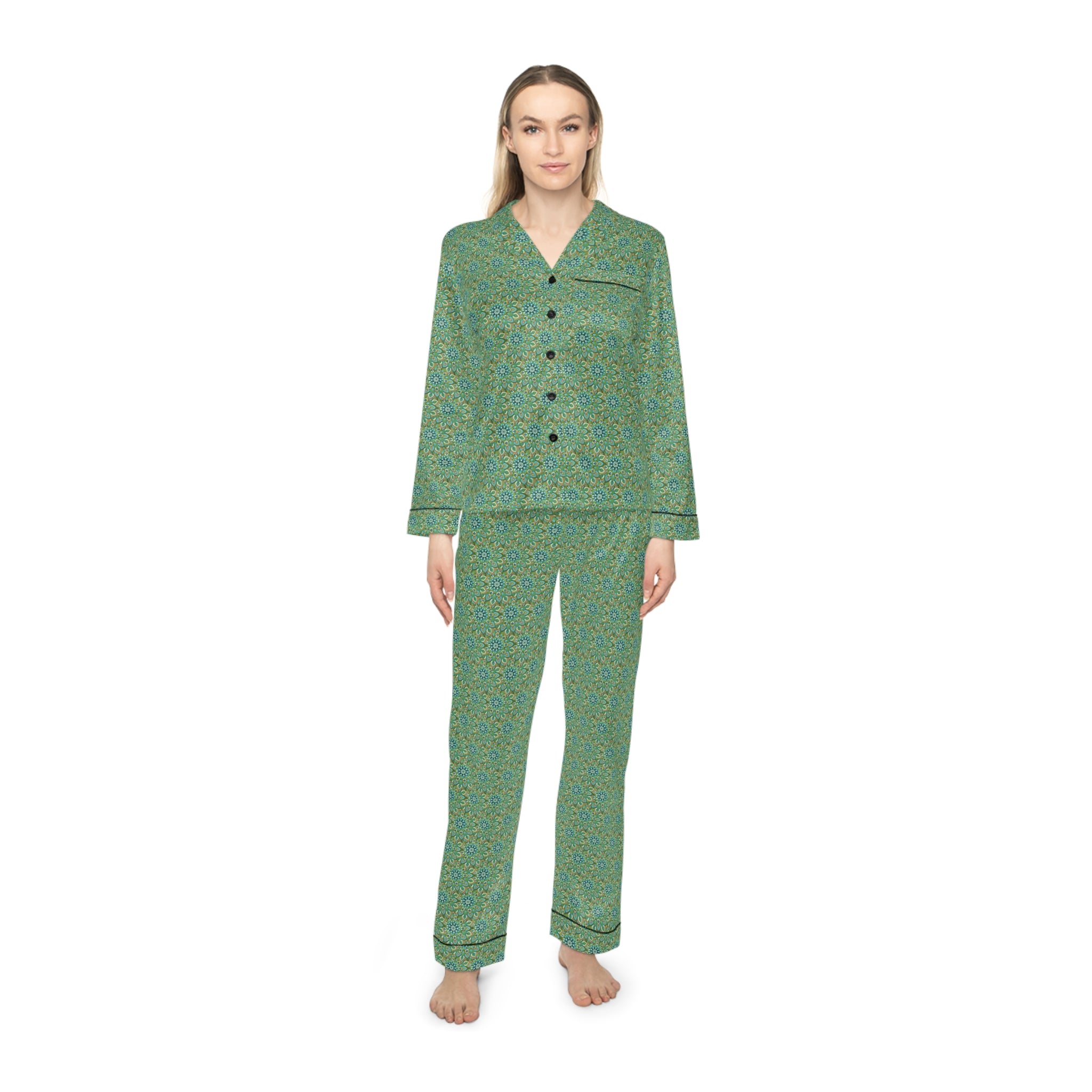 Mary Mandala Women's Satin Pajama Set — Green Floral All-Over Print Luxury Sleepwear