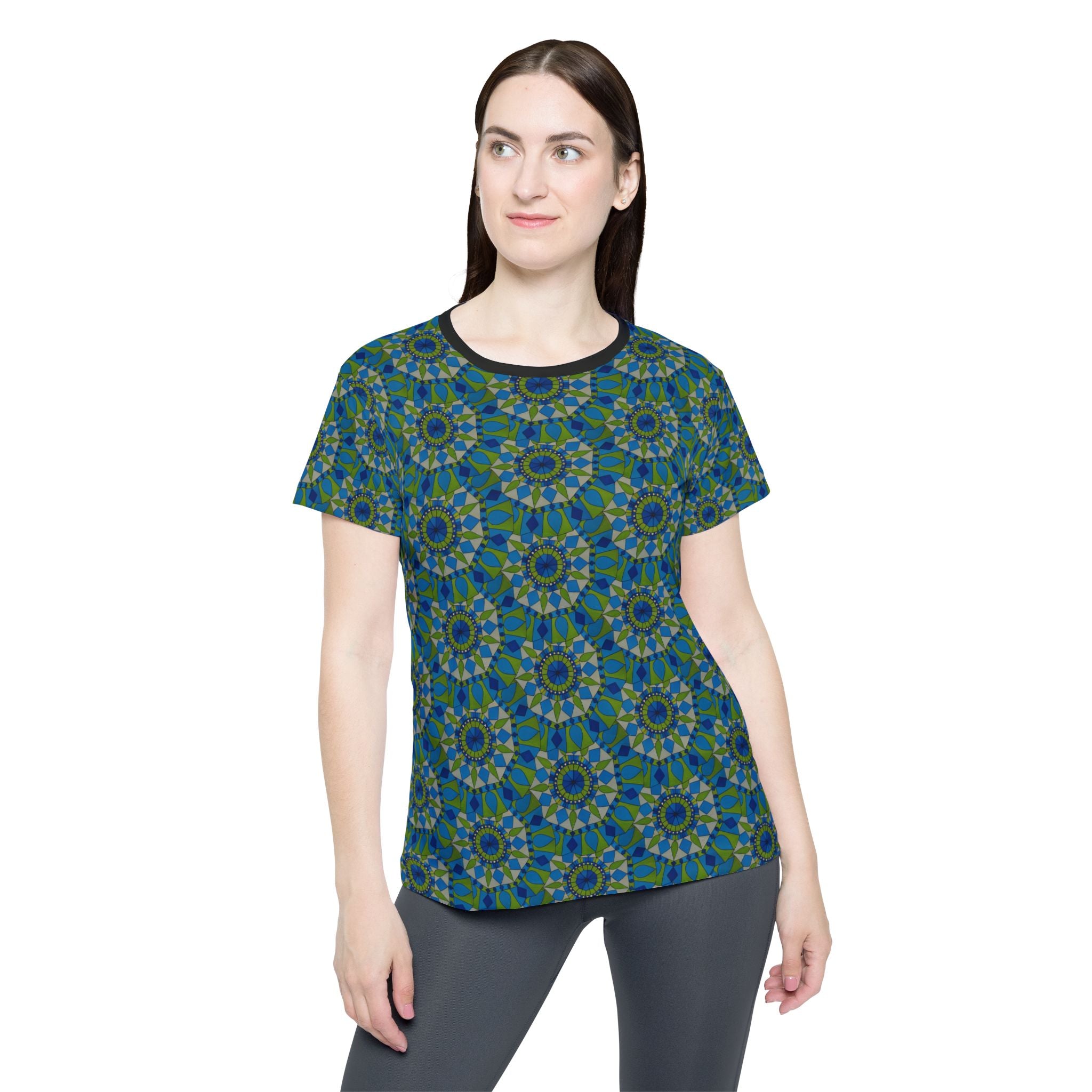 Colton Mandala Women's Athletic Tee — Blue Green Mosaic Floral All-Over Print