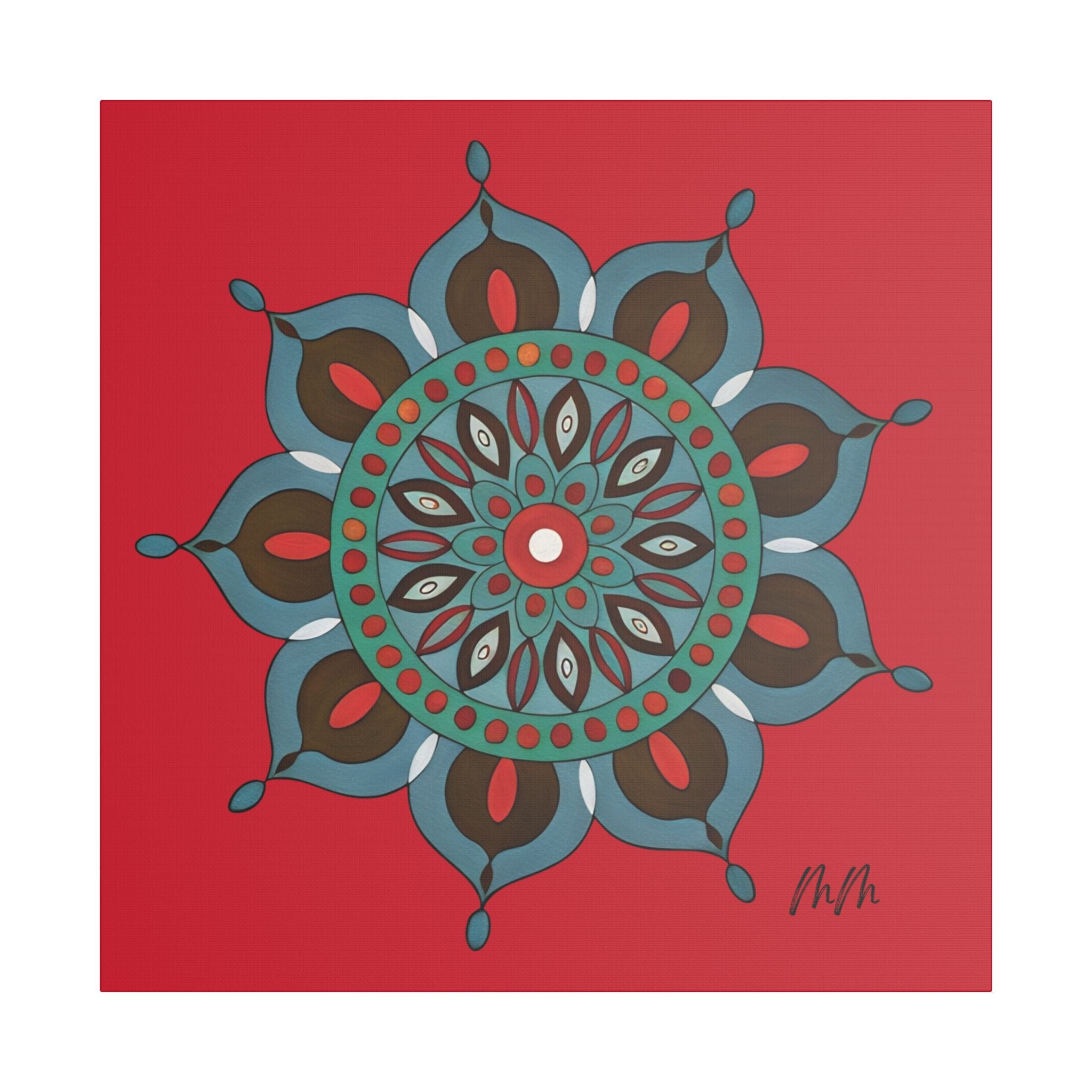 Everlee Mandala Wall Art Canvas - Red Floral Geometric Stretched Satin Print