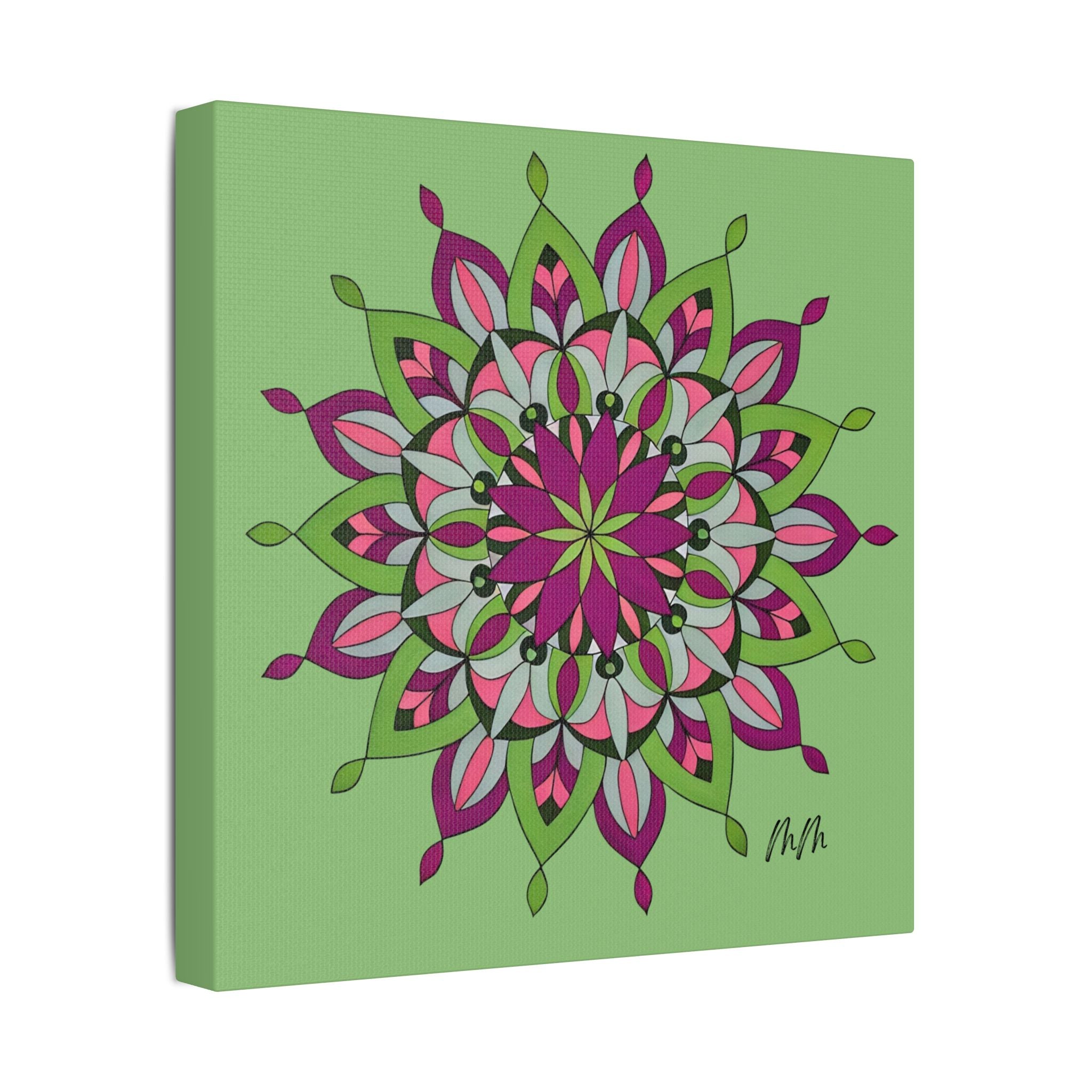Cali Mandala Floral Satin Canvas Wall Art — Pink & Green Stretched Print