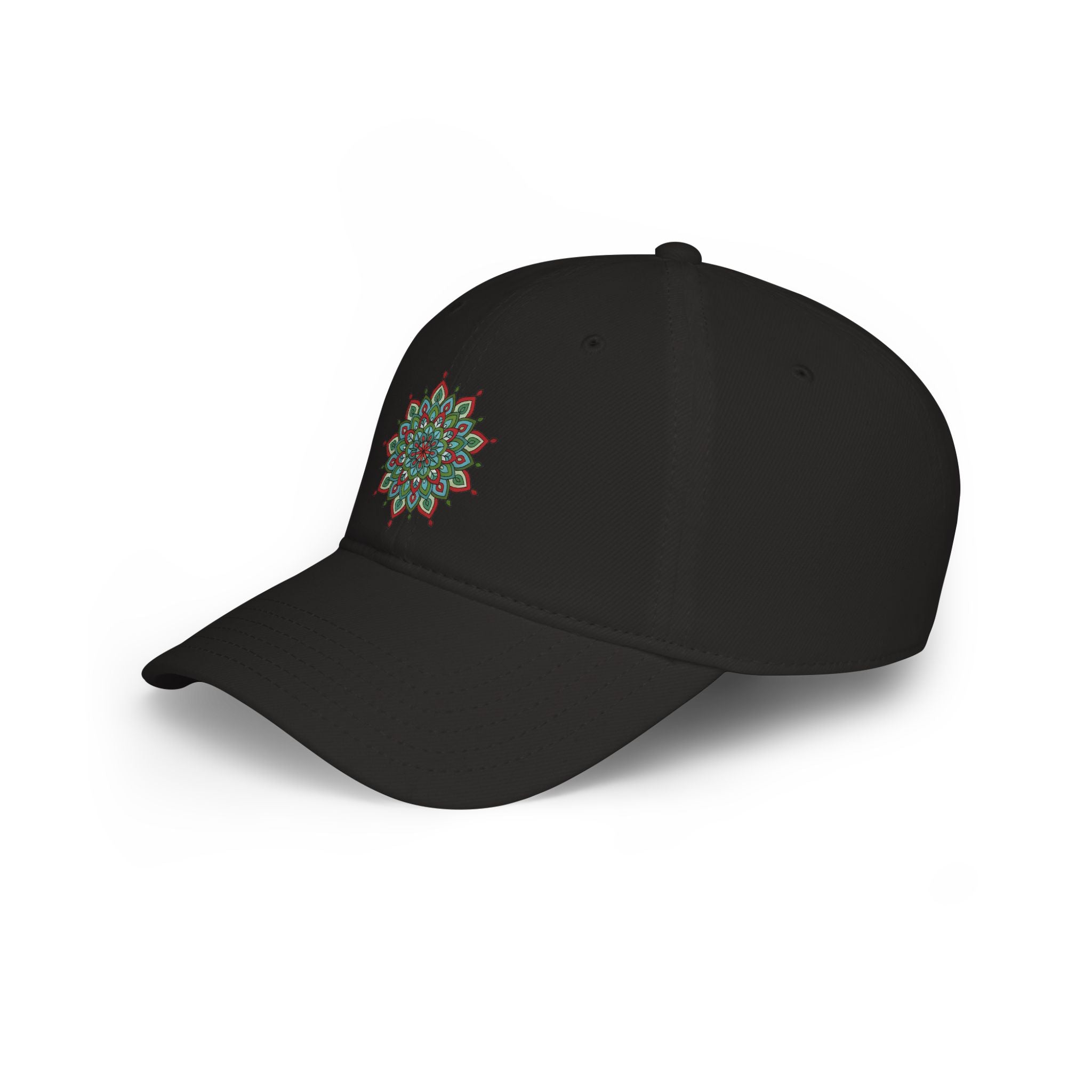 Khloe Mandala Art Floral Mandala Embroidered Baseball Cap — Green Red Lotus Design