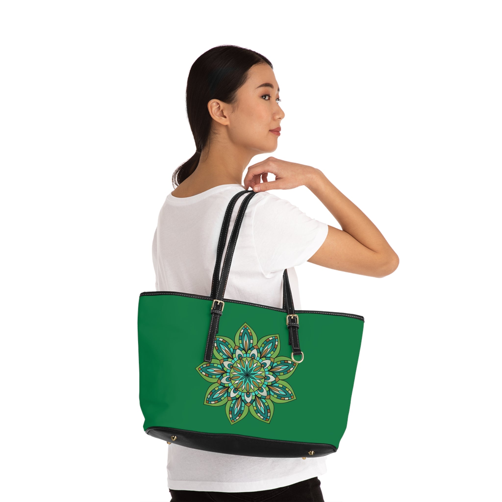 Raneem Green Floral Mandala Shoulder Bag — PU Leather Tote for Everyday & Travel
