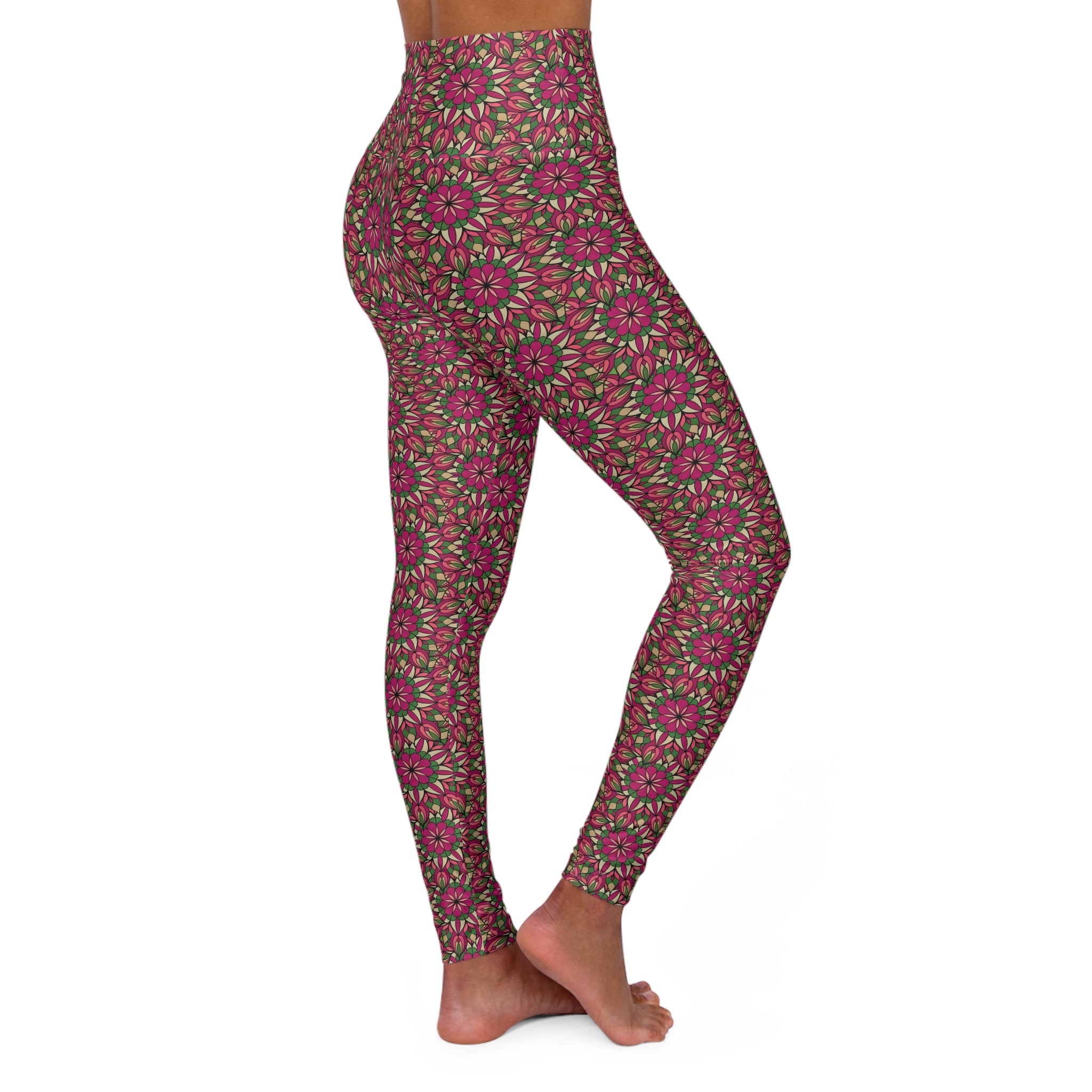 Avert Mandala High-Waist Floral Yoga Leggings — Pink All-Over-Print