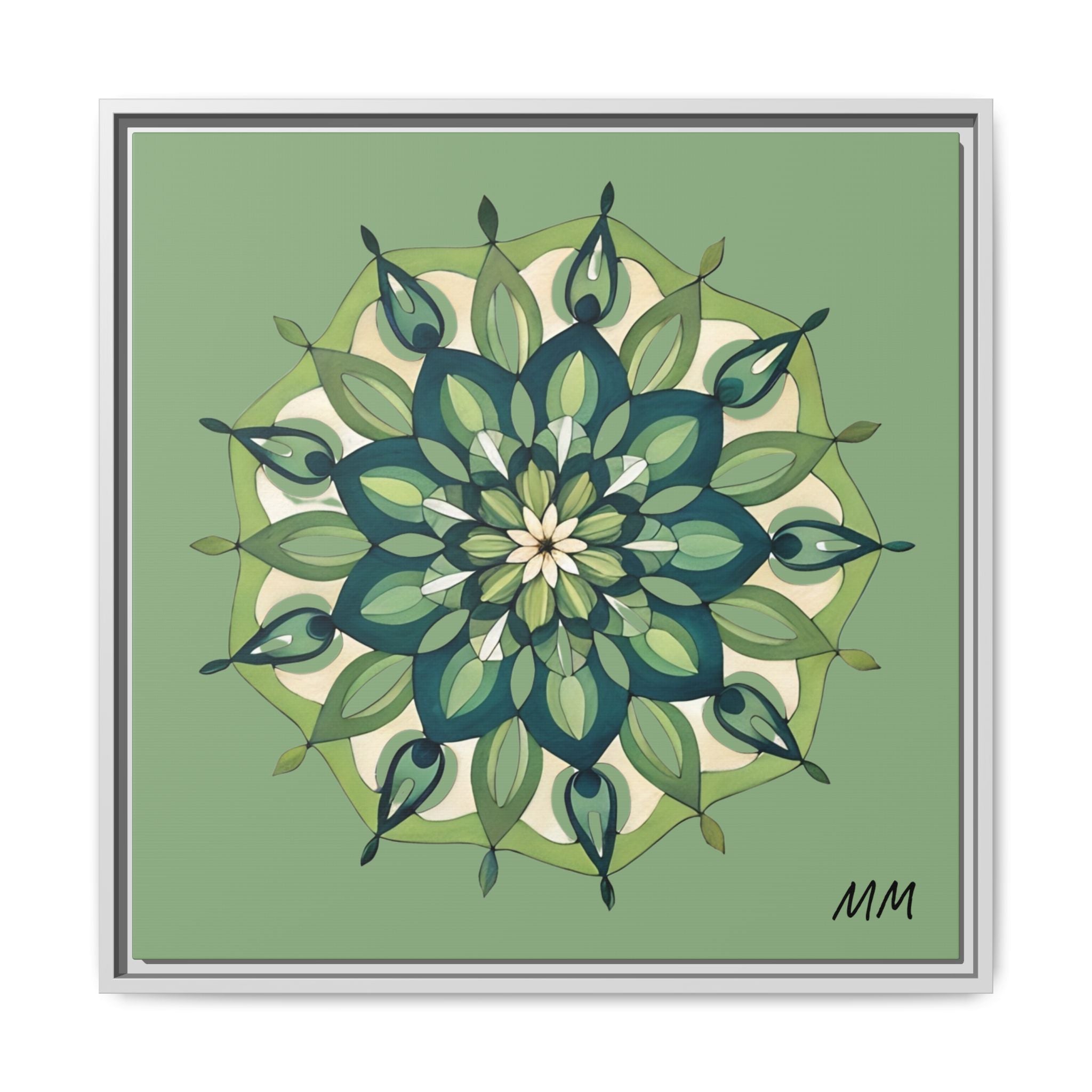 Evie Green Floral Mandala Matte Canvas Framed Wall Art